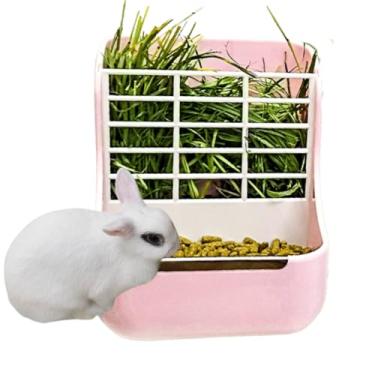 Imagem de Alimentador de feno de coelho, alimentador de porquinho-da-índia, 2 em 1, tigela automática de ração para animais pequenos, acessórios para gaiola de alimentação 14 cm C x 16 cm L x 19 cm A (rosa)