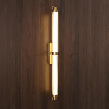 Imagem de Luminária de parede LED linear moderna, arandela de vidro de tubo longo minimalista, luminária de parede criativa de aço inoxidável em dourado/preto, luz de penteadeira de banheiro de 70 cm/