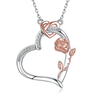 Imagem de Colares de coração rosa para mulheres, prata esterlina 925, pingente de flor rosa, joias de flores de rosa, presentes de dia das mães para mulheres e mães, Prata esterlina, Zircônia cúbica