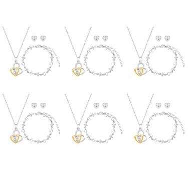 Imagem de Conjunto de joias para damas de honra de coração de amor para mulheres e meninas, conjunto de 1-4-6-8 conjuntos de 18 quilates e ouro rosa e prata cravejado com strass com colar de cristal conjunto de pulseiras presente para casamento/noivado/aniversário, Zinco Metal Vidro, Sem pedras preciosas