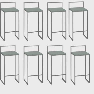 Imagem de Kit 08 Banquetas Alta Com Encosto Lino Industrial Balcão Bistrô Ferro Cinza mdf Madeira Verde Oliva - Ahz Móveis