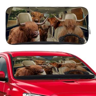 Imagem de Guarda-sol engraçado de vaca Highland para carro, SUV, caminhão, refletor de raios UV dobrável, janela frontal, para-sol, viseira - 150 x 78 cm