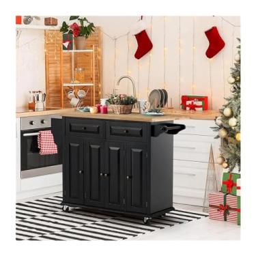 Imagem de Carrinho de Armazenamento Ilha de cozinha, ilhas de armazenamento de cozinha e carrinhos mesa de ilha para cozinha com tampo de madeira de borracha com folhas rebatidas, 2 gavetas Carrinho de Armazena