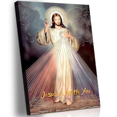 Imagem de Arte de parede emoldurada Jesus Mercy Decoração em tela Cristandade católica divina coração sagrado para fé sala de estar quarto sala de jantar para fotos pôsteres impressões pinturas arte 30,5 x 40,6