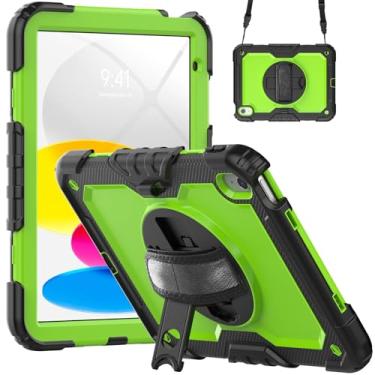 Imagem de Compatível com iPad 10ª geração 10,9 polegadas 2022 Capa com protetor de tela, capa resistente à prova de choque, alça de mão giratória 360° e alça de ombro [suporte] [alça de ombro](Yellow Green 2)