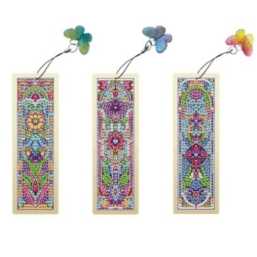 Imagem de F-CANLAN 3 peças de marcador de página de pintura de diamante acrílico com borlas, kit de marcadores de página de arte de diamante em formato especial de flores para adultos, kit de marcas de livro de