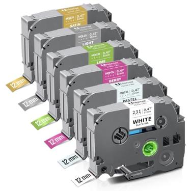 Imagem de Unismar Pacote com 6 fitas adesivas compatíveis com Brother P Touch TZe-231 TZe TZ 12 mm 0,47 laminadas coloridas para etiquetas Ptouch PT-D210 D220 H110 D400 D410, branco/azul/rosa/verde limão, prata