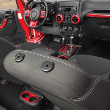 Imagem de Hoolcar Capa de volante para painel de mudança de marchas capa de suporte de copo de água kit de acessórios interiores adequado para Jeep Wrangler JK JKU 2011-2017, 4 portas, vermelho