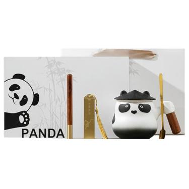 Imagem de Xícara de chá de cerâmica panda, conjunto de chá chinês bonito para casa - conjunto de quatro peças de negócios preto e branco / capa preta