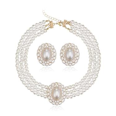 Imagem de EleQueen Conjunto de brincos de colar vintage de pérola simulada para mulheres, conjunto de joias de pérolas dos anos 20 para festa à fantasia, Elliptical Pearl Necklace Earrings, Pérola sintética
