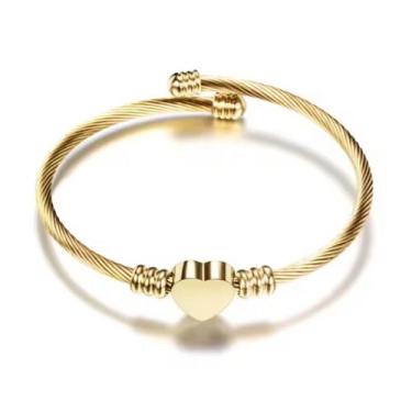 Imagem de Pulseira Bracelete Grossa Aço Inox Pingente Coração Dourado - Lojas La