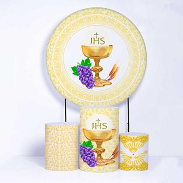 Imagem de Kit Painel de Festa Redondo de 1,30m e Trio de Cilindros Eucaristia - Fera Print
