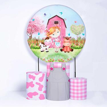 Imagem de Kit Painel de Festa Redondo de 1,30m e Trio de Cilindros Fazendinha - Fera Print