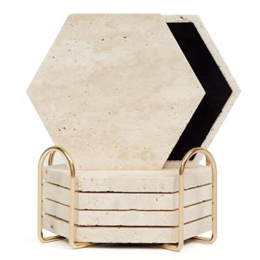 Imagem de YONGHEE Conjunto de 6 porta-copos hexagonais de travertino italiano com suporte dourado, porta-copos absorvente de pedra porosa bege rústica para bebidas, porta-copos de mármore natural para decoração