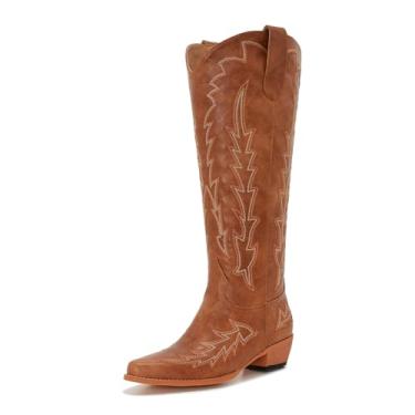 Imagem de Souactimuy Botas femininas caubói de panturrilha larga, plus size, cano alto, estilo ocidental, sem cadarço, bico fino, salto baixo grosso, Marrom, 7 Wide