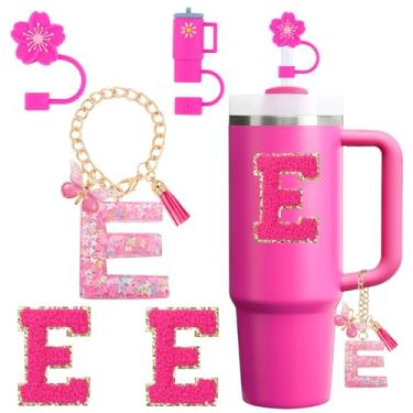 Imagem de QUNNDY Conjunto de acessórios para copo Stanley Cup 850 g 1,134 g copo com alça, incluindo tampa de cobertura de palha de silicone, pingente de alça, adesivo de iniciais fúcsia (E)