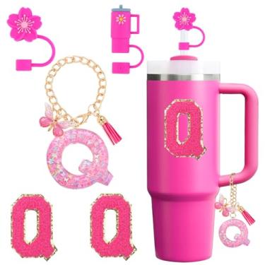 Imagem de QUNNDY Conjunto de acessórios para copo Stanley Cup 850 g 1,134 g copo com alça, incluindo tampa de cobertura de palha de silicone, pingente de alça, adesivo de iniciais fúcsia (Q)