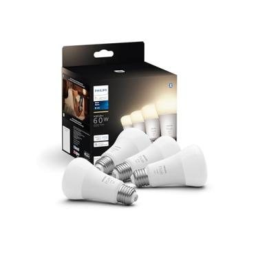 Imagem de Philips Hue Lâmpada LED Smart 60W A19 - Luz branca quente suave - Pacote com 4-800LM - E26 - Interior - Controle com aplicativo Hue - Funciona com Alexa, Google Assistant e Apple Homekit, 9,5 watts