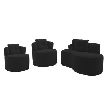 Imagem de Kit Sofá e 02 Poltronas Orgânicas Living Bob com Almofadas Bouclê Preto - Abmaza