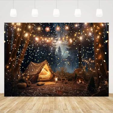 Imagem de Fundo de fotografia de acampamento na floresta, tema de acampamento, decoração de festa de aniversário, cenário de floresta para barraca noturna, acampamento, aventura, chá de bebê, fundo (1,5 x 7 m)
