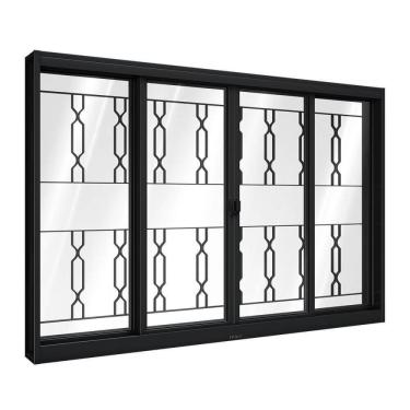 Imagem de Janela De Aço De Correr Central Com Grade Mosaico 4 Folhas 100x100cm Aço Pronto Riobras Preto