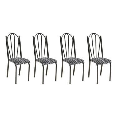 Imagem de Kit 4 Cadeiras De Cozinha Alasca Estampado Preto Listrado Pés De Ferro Cromo Preto - Pallazio