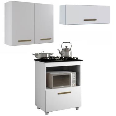 Imagem de Conjunto Balcão Para Cooktop 1 Porta 1 Nicho 5 Bocas E 2 Armário Aéreo Branco