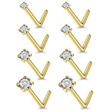 Imagem de Vsnnsns 18G, 20G, 22G, piercing de nariz, joias para mulheres, aço inoxidável cirúrgico 316L, saca-rolhas em forma de L, anéis de nariz reto, zircônia cúbica, piercing de narina, joias para mulheres e