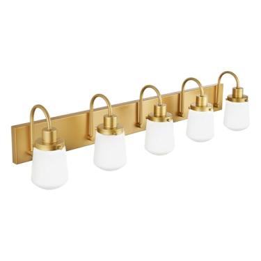 Imagem de Yaohong Luminárias De Banheiro Com 5 Luzes, Luzes Penteadeira Douradas Cúpulas Vidro Leitoso, Sobre Espelho, Luminária Parede Moderna Para Sala Estar, Armário, Varanda