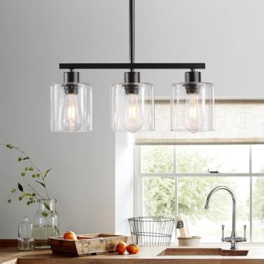 Imagem de ROCUNSI Luminária Pendente Preta Para Ilha De Cozinha Com 3 Luzes, Estilo Fazenda Sobre A Mesa, Suspensa Moderna Vidro Transparente, Base E26, Lâmpadas Não Incluídas