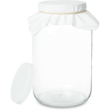 Imagem de kitchentoolz Pote de vidro de 3,5 litro para preparo de cerveja Kombucha – Kit de fermentação e fermentação caseira com filtro de pano de algodão, faixa de borracha e tampa de plástico (1 frasco)