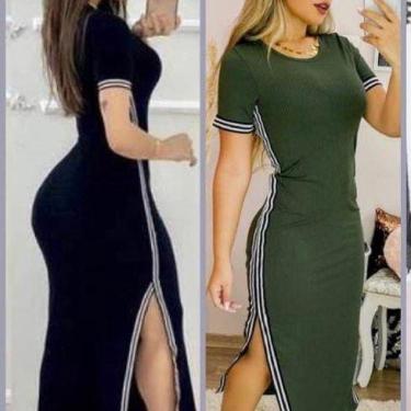 Imagem de Vestido feminino listra fina lateral longe manga curta moda - Filó Mod