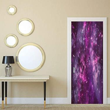 Imagem de Papel de parede roxo para porta de quarto, nuvem de gás nebulosa escura profunda no espaço sideral com aglomerados de estrelas Galaxy Infinity Solar Sky, para dormitórios, escritórios e decoração de