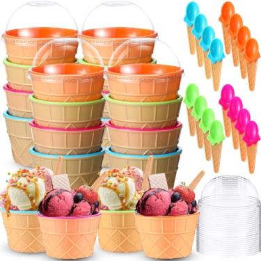 Imagem de Teenyyou 16 conjuntos de copos de sorvete com tampas de 170 a 227 g tigelas de sorvete reutilizáveis para iogurte congelado lembrancinhas de festa para decorações de aniversário de sundae, suprimentos