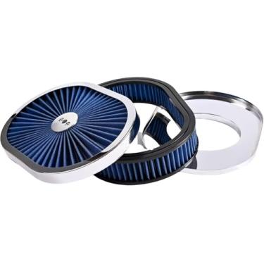 Imagem de Conjunto de filtro oval de purificador de ar de 30,5 x 5 cm, pescoço de carburador com fluxo para tampa de caburetor, cromo de alto fluxo, compatível com GMC Chevy Ford Chryler Dodge (azul)