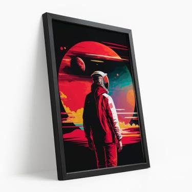 Imagem de Quadro Decorativo Astronauta Planeta Espaço Fundo Vermelho Arte Futurista Galáxia Estilo Gamer Sci-fi Com Moldura