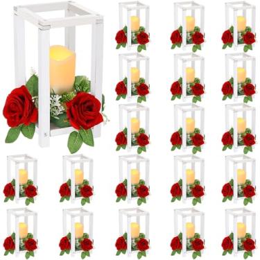 Imagem de Hushee 60 peças de lanterna de casamento integrada centro de mesa rústica suporte de madeira com velas e anéis decoração de vela de fazenda para decoração de mesa de festa de casamento dos namorados