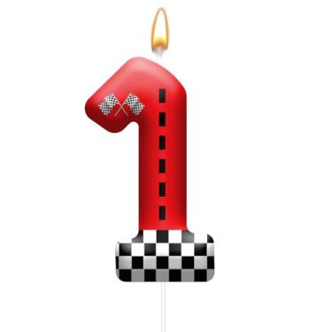 Imagem de Vela de aniversário com tema de carro de corrida com design de bandeira quadriculada - Topo de bolo durável para decorações de festa de carro de corrida, suprimentos de aniversário - Vela número 1