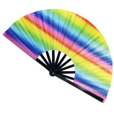 Imagem de Grande ventilador dobrável de glíter, botas no chão, ventilador de mão brilhante, ventilador de clack para dança em linha, ventilador portátil com uma bolsa de pelúcia para roupas rave, acessórios