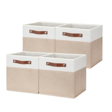 Imagem de Cestas HNZIGE quadradas de armazenamento para organização, de tecido, com alças de couro, decorativas, dobráveis, para roupas, casa e berçário, 28 x 28 cm, 4 unidades (branco e bege)