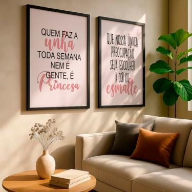Imagem de Kit 2 Quadros Decorativos Frases Salão Feminino Unha Esmalte Rosa Delicado Inspiração Beleza Com Moldura