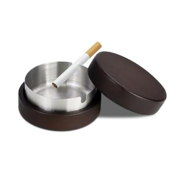 Imagem de Feelorna Cinzeiro com tampa, cinzeiros de madeira à prova de vento com forro de aço inoxidável, cinzeiros portáteis para cigarros internos e externos para casa, pátio, escritório, bar, hotel (prata)