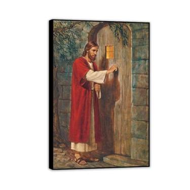 Imagem de Pintura famosa William Holman Hunt arte de parede Jesus batendo na porta impressão em tela presente sala de estar decoração quarto obras de arte 75 x 50 cm (76.2x50.8 cm) moldura preta