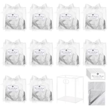 Imagem de Tenare Pacote com 12 sacos de presente de plástico transparente com alças reutilizáveis sacos de lembrancinha de festa com laço de fita de papel de seda para brindes, aniversário, casamento, noiva