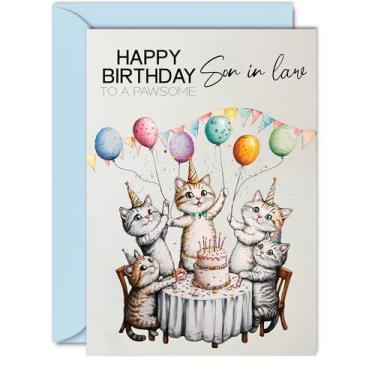 Imagem de Cartão de aniversário do genro - balões de gatos de festa pawsome - Cartão de feliz aniversário para genro da mãe, pai, pai, cartões comemorativos A5 para aniversário de gato macho