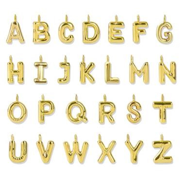 Imagem de 26 peças de pingentes preenchidos com bolhas de ouro 18 K para fabricação de joias, contas pendentes de alfabeto A-Z inchadas em ouro inicial, pingentes de glitter de balão para fabricação de