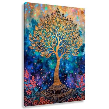 Imagem de Arte de parede Árvore da Vida Impressão em tela dourada com decoração de árvore da vida em fundo azul-rosa para quarto 60x90cmx1