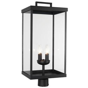 Imagem de Luminária de poste para ambientes externos, 63 cm, 4 luzes, grande, moderna, com vidro transparente, poste de lâmpada externa preta, poste de poste externo para jardim e pátio