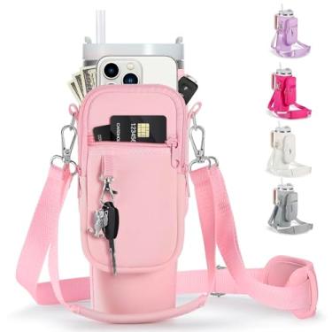 Imagem de linmaya bolsa porta-garrafa de água com bolso para telefone para copo stanley 40/30 onças, porta-garrafa de água de neoprene isolado bolsa cross-boday com ombro ajustável e alça de mão acess