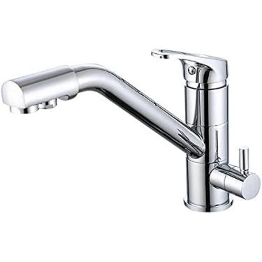 Imagem de Torneiras De Cozinha Filtro Torneira De Cozinha De 3 Vias Com Filtro De água Caminho 360 Graus Giratório Pia Misturador Torneira Bebendo Purificador De água, Chrome